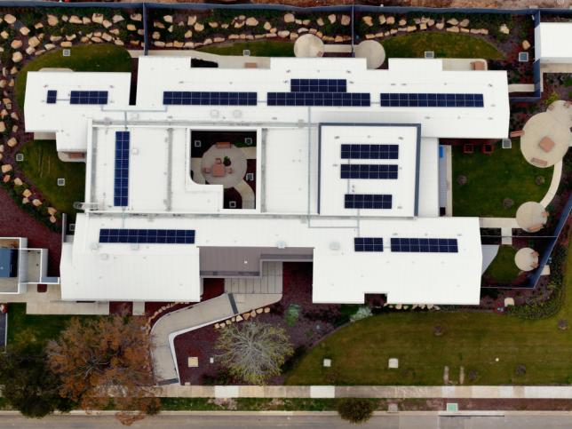Aerial view of white and black building