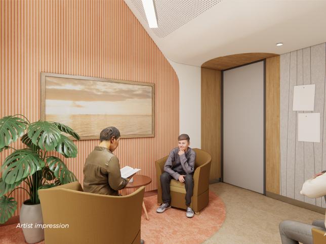 artist impression of a two people sitting in chairs talking