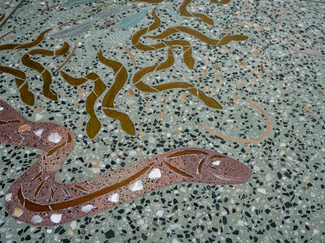 Close up of artwork with eel etchings