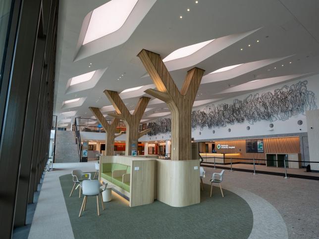 Main foyer of a hospital with three tree branch like wooden beams