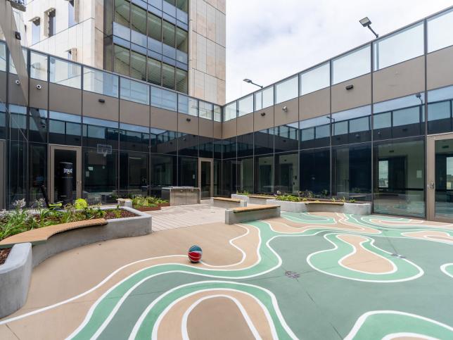 A large outdoor area with swirling motifs on the ground