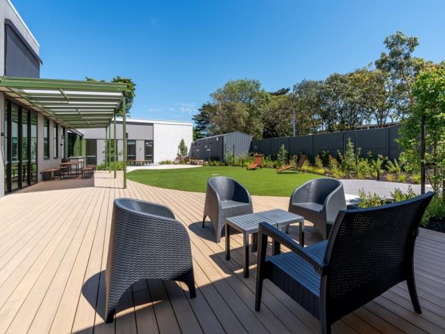 Outdoor seating area on wood decking