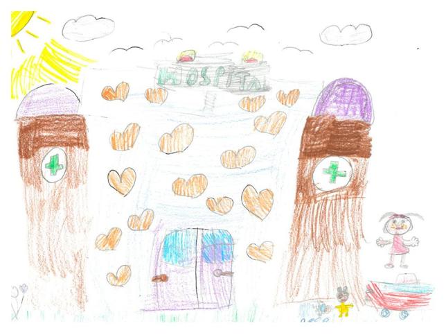 Children's artwork depicting Ballarat Base Hospital