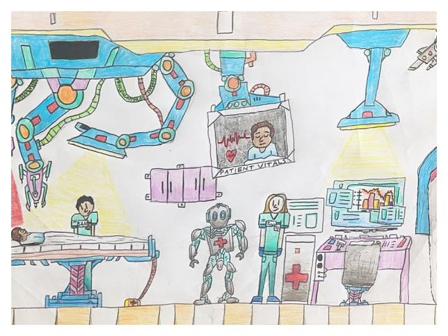 Children's artwork depicting Ballarat Base Hospital