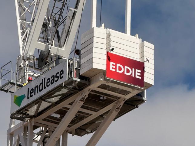 A crane with a red sign saying 'Eddie'