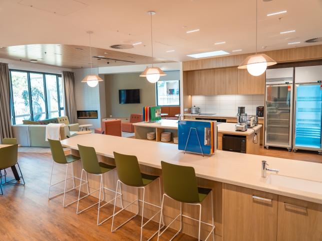 A kitchen and dining area