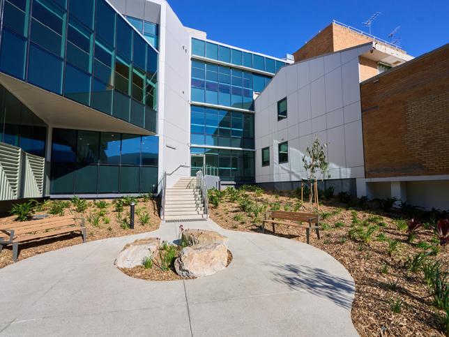 Landscaped hospital courtyard with seating, native planting and a modern building facade