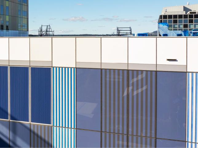 Close-up of blue and white exterior cladding and windows on the Ballarat Base Hospital redevelopment building.