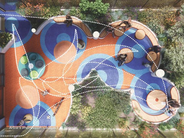 Artist's impression of an aerial view of an outdoor play space at Barwon Women's and Children's, with curved paths, seating and garden beds.