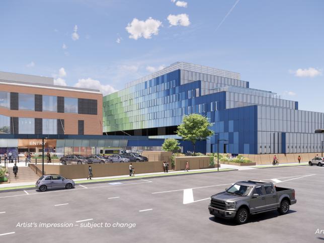 Artist's impression of the entrance to Barwon Women's and Children's, showing the multi-storey building, car park and street view.