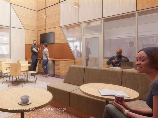 Artist's impression of a shared lounge and kitchen area at Barwon Women's and Children's, with families and staff seated at tables.
