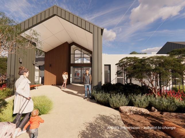 Artist's impression of the entrance to the Northcote Early Parenting Centre, with a large gable roof canopy and families walking towards the building.