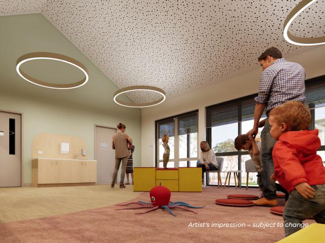 Artist's impression of the playroom at the Northcote Early Parenting Centre, with soft flooring, toys and families spending time together.