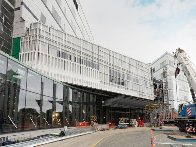 A hospital construction site showing the facade