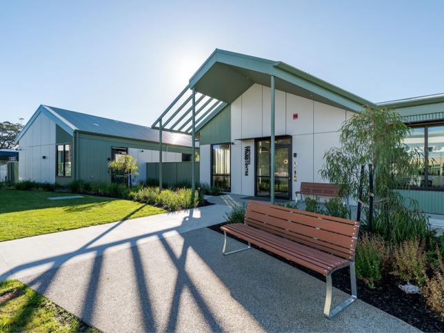 Shepparton YPARC entrance with a bench and native garden