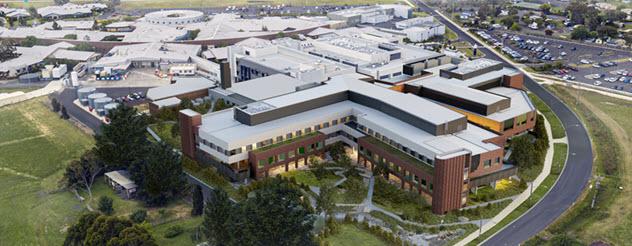 Artist impression showing aerial view of buildings and landscaped gardens for the new stage 3a expansion at Latrobe Regional Hospital