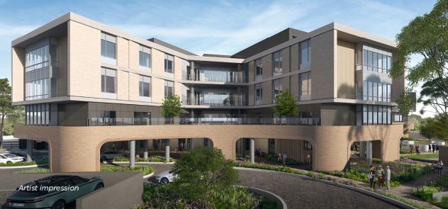 Artist impression of the main entrance to the Kingston Centre aged care facility including a walkway and gardens