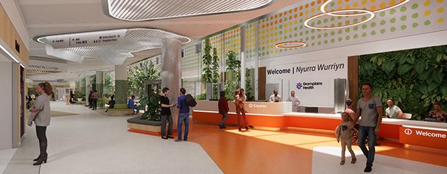 Artist impression of a light-filled welcome area, with white and orange flooring and white walls with greenery
