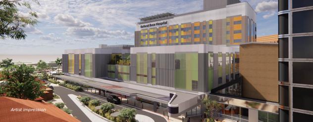 Artist impression of a hospital with modern and colourful design