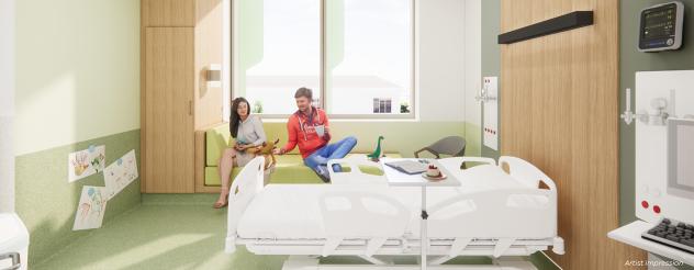 Artist impression of paediatric inpatient room, with a bed, seating space and natural light through the windows