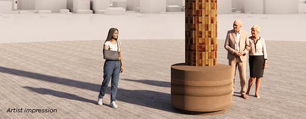 Artist impression of an artwork pillar made from brown clay pieces