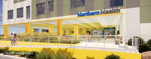 Artist impression of a yellow and white entrance. A pathway with a handrail leads to the entrance, and the 'Northern Health' logo is visible overhead