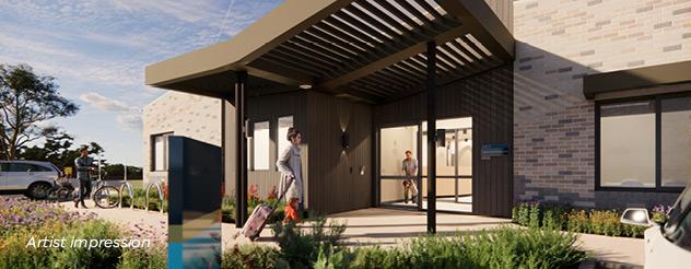 Artist impression of a building entrance with a large awning
