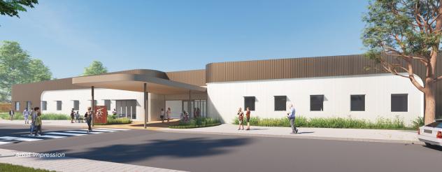 Artist impression of the exterior of Mernda Community Hospital, with a white and brown facade