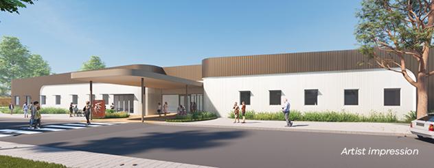 Artist impression of the exterior of Mernda Community Hospital, with a white and brown facade