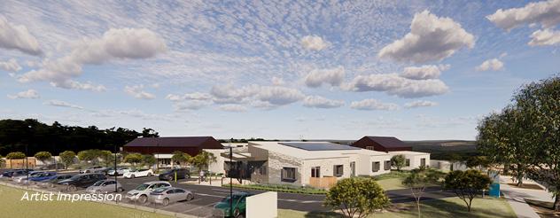 Artist impression of the exterior of the Shepparton Early Parenting Centre, with a white facade and solar panels on the roof