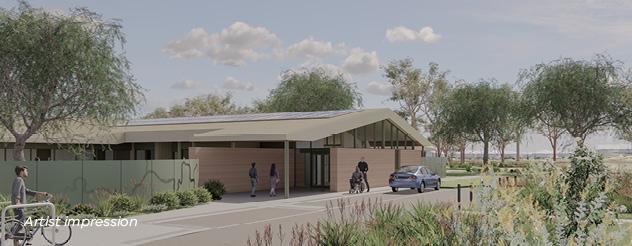 Artist impression exterior of building surrounded by greenery