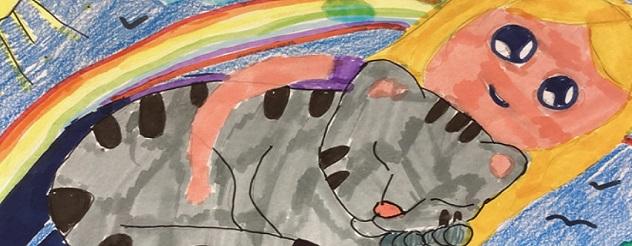 Children's drawing of a girl hugging a cat
