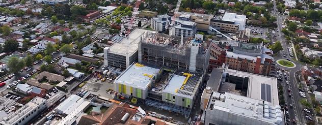View from above of nearly completed hospital