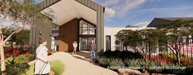 Artist's impression of the entrance to the Northcote Early Parenting Centre, with families approaching the gable roof entrance canopy. 