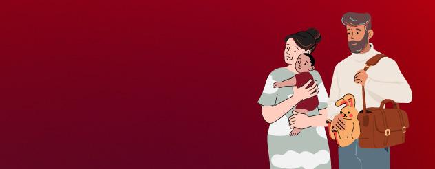 Illustration of a woman holding a baby and a man standing next to them with a baby bag