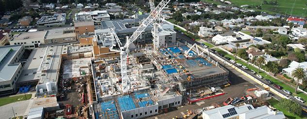 Aerial view showing progress on the Warrnambool Base Hospital redevelopment construction site